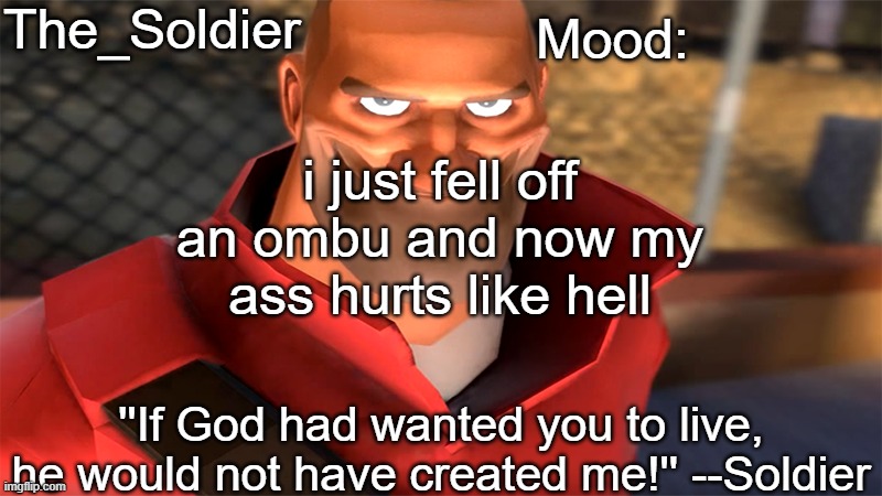 The_Soldier temp | i just fell off an ombu and now my ass hurts like hell | image tagged in the_soldier temp | made w/ Imgflip meme maker