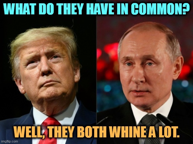 Boo-hoo-hoo-hoo! | WHAT DO THEY HAVE IN COMMON? WELL, THEY BOTH WHINE A LOT. | image tagged in trump,putin,whiners | made w/ Imgflip meme maker