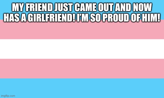 I’m so happy that they’re free! | MY FRIEND JUST CAME OUT AND NOW HAS A GIRLFRIEND! I’M SO PROUD OF HIM! | image tagged in trans flag,lgbt,coming out | made w/ Imgflip meme maker