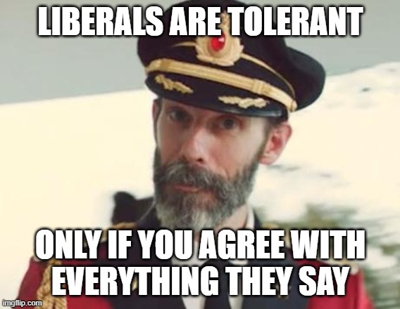 Haha, I'm Sure Libtards Were So Happy When They Read The Top Text! | LIBERALS ARE TOLERANT; ONLY IF YOU AGREE WITH
EVERYTHING THEY SAY | image tagged in captain obvious,liberals,liberal,stupid liberals,libtards,agree | made w/ Imgflip meme maker