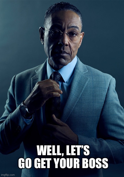 Gus Fring we are not the same | WELL, LET’S GO GET YOUR BOSS | image tagged in gus fring we are not the same | made w/ Imgflip meme maker