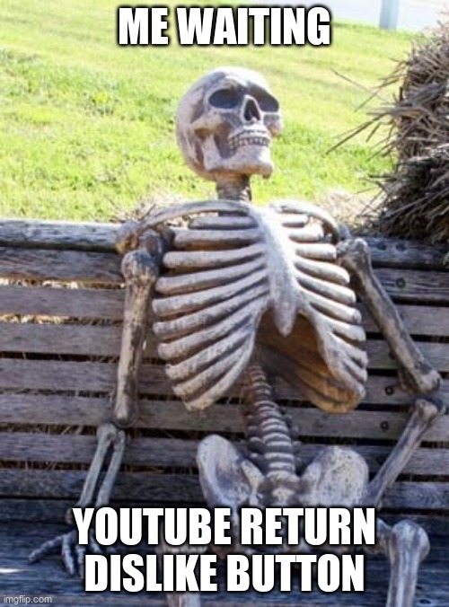 Skeleton on bench | ME WAITING; YOUTUBE RETURN DISLIKE BUTTON | image tagged in skeleton on bench | made w/ Imgflip meme maker