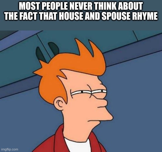 Futurama Fry Meme | MOST PEOPLE NEVER THINK ABOUT THE FACT THAT HOUSE AND SPOUSE RHYME | image tagged in memes,futurama fry | made w/ Imgflip meme maker