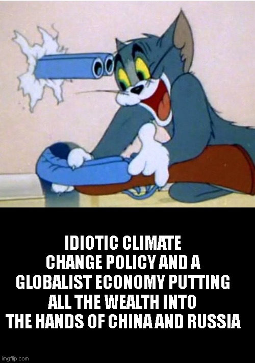 im not sure 'they were green and progressive' will fit across the tombstone.. | IDIOTIC CLIMATE CHANGE POLICY AND A GLOBALIST ECONOMY PUTTING ALL THE WEALTH INTO THE HANDS OF CHINA AND RUSSIA | image tagged in tom and jerry | made w/ Imgflip meme maker