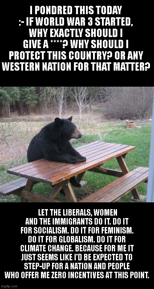 Patient Bear | I PONDRED THIS TODAY :- IF WORLD WAR 3 STARTED, WHY EXACTLY SHOULD I GIVE A ****? WHY SHOULD I PROTECT THIS COUNTRY? OR ANY WESTERN NATION FOR THAT MATTER? LET THE LIBERALS, WOMEN AND THE IMMIGRANTS DO IT. DO IT FOR SOCIALISM. DO IT FOR FEMINISM. DO IT FOR GLOBALISM. DO IT FOR CLIMATE CHANGE. BECAUSE FOR ME IT JUST SEEMS LIKE I'D BE EXPECTED TO STEP-UP FOR A NATION AND PEOPLE WHO OFFER ME ZERO INCENTIVES AT THIS POINT. | image tagged in patient bear | made w/ Imgflip meme maker