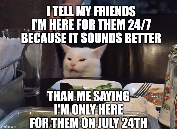 I TELL MY FRIENDS I'M HERE FOR THEM 24/7 BECAUSE IT SOUNDS BETTER; THAN ME SAYING I'M ONLY HERE FOR THEM ON JULY 24TH | image tagged in smudge the cat,smudge | made w/ Imgflip meme maker