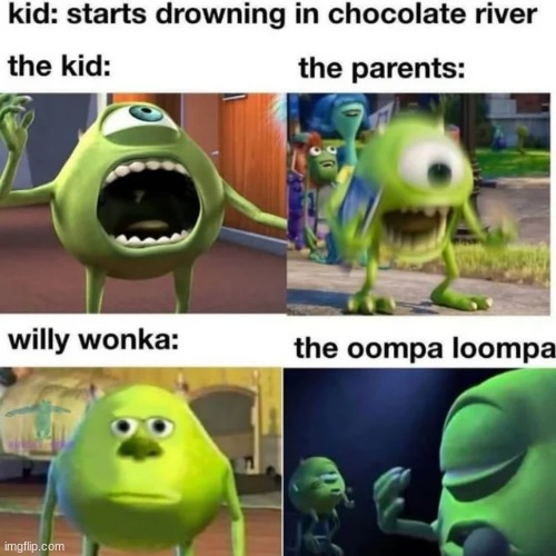 Daily life at willy wonka's factory | image tagged in memes,bruh,funny,funny memes | made w/ Imgflip meme maker