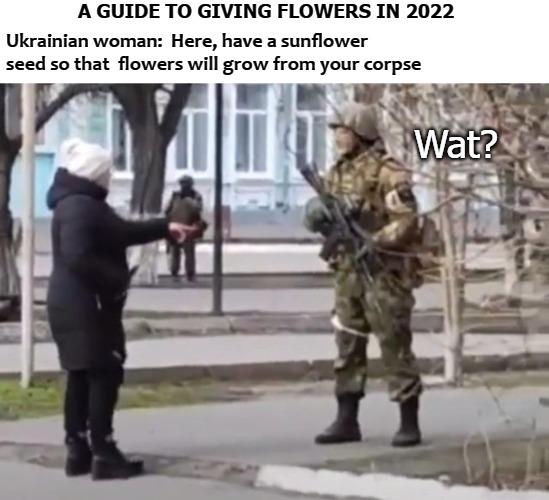 A GUIDE TO GIVING FLOWERS IN 2022; Ukrainian woman:  Here, have a sunflower seed so that  flowers will grow from your corpse; Wat? | image tagged in flower | made w/ Imgflip meme maker