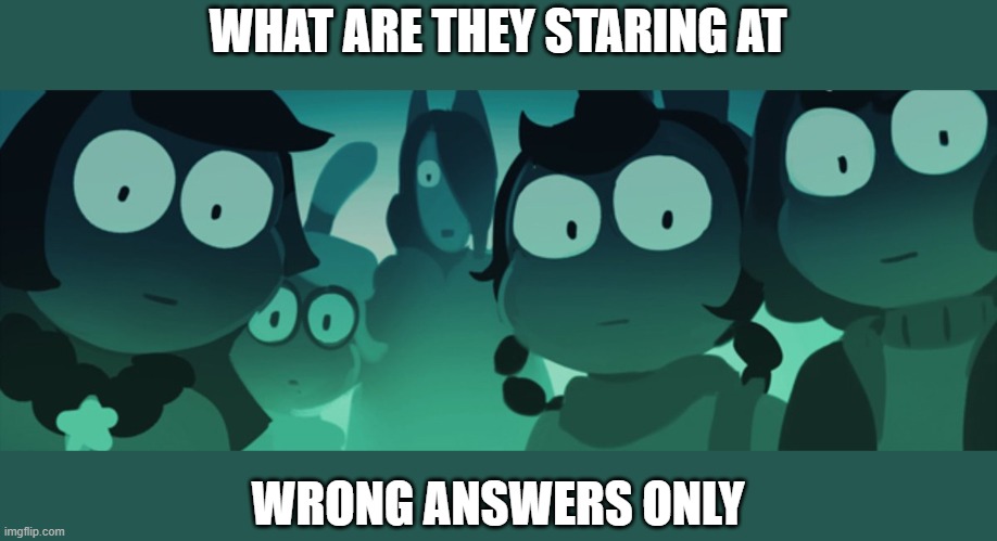 Cucumber Quest stare | WHAT ARE THEY STARING AT; WRONG ANSWERS ONLY | image tagged in cucumber quest stare | made w/ Imgflip meme maker