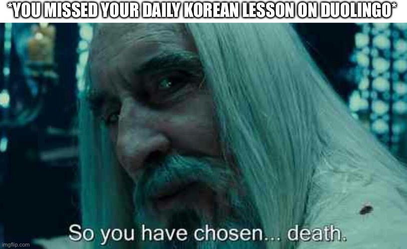 So you have chosen death | *YOU MISSED YOUR DAILY KOREAN LESSON ON DUOLINGO* | image tagged in so you have chosen death,my time has come,trump bill signing,oh my god okay it's happening everybody stay calm,funny | made w/ Imgflip meme maker
