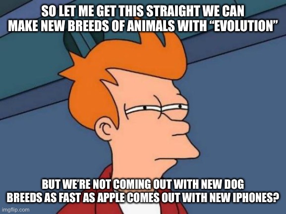 Evolution is a Lie |  SO LET ME GET THIS STRAIGHT WE CAN MAKE NEW BREEDS OF ANIMALS WITH “EVOLUTION”; BUT WE’RE NOT COMING OUT WITH NEW DOG BREEDS AS FAST AS APPLE COMES OUT WITH NEW IPHONES? | image tagged in memes,futurama fry,evolution,common sense,bullshit,no way | made w/ Imgflip meme maker