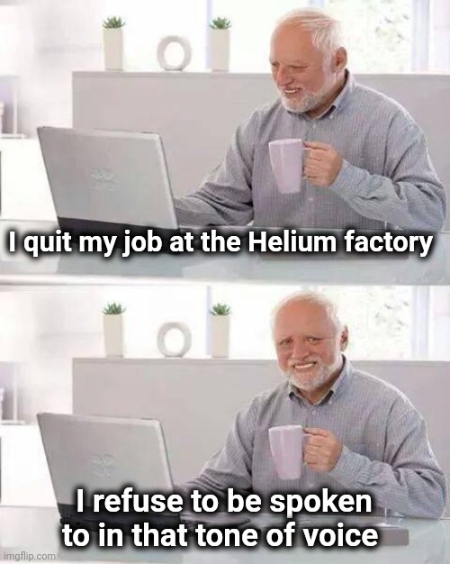 Hide the Pain Harold Meme | I quit my job at the Helium factory I refuse to be spoken to in that tone of voice | image tagged in memes,hide the pain harold | made w/ Imgflip meme maker