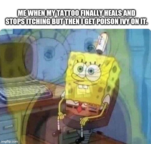 spongebob screaming inside | ME WHEN MY TATTOO FINALLY HEALS AND STOPS ITCHING BUT THEN I GET POISON IVY ON IT. | image tagged in spongebob screaming inside,memes | made w/ Imgflip meme maker