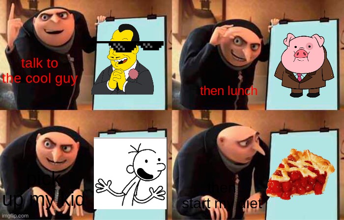 Gru's Plan Meme | talk to the cool guy; then lunch; pick up my kid; then start my diet | image tagged in memes,gru's plan | made w/ Imgflip meme maker