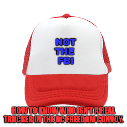 NOT
THE 
FBI; HOW TO KNOW WHO ISN'T A REAL TRUCKER IN THE DC FREEDOM CONVOY. | image tagged in hat,trucker hat,fbi,freed convoy | made w/ Imgflip meme maker