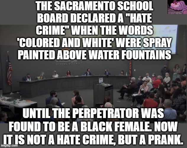 When racism is so bad, you have to make up a fake hate crime | THE SACRAMENTO SCHOOL BOARD DECLARED A "HATE CRIME" WHEN THE WORDS 'COLORED AND WHITE' WERE SPRAY PAINTED ABOVE WATER FOUNTAINS; UNTIL THE PERPETRATOR WAS FOUND TO BE A BLACK FEMALE. NOW IT IS NOT A HATE CRIME, BUT A PRANK. | image tagged in school board | made w/ Imgflip meme maker