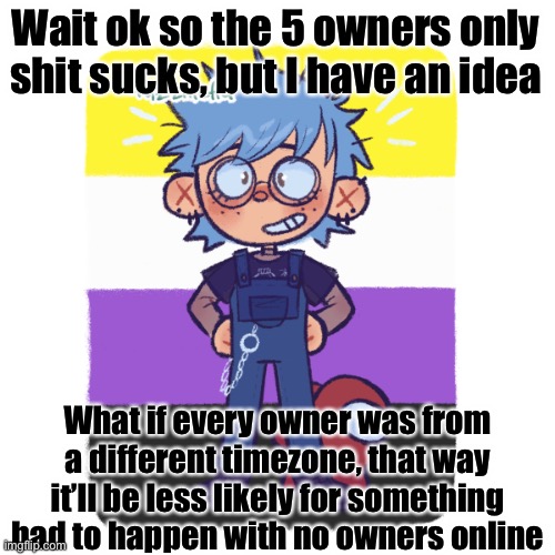 cooper is sus | Wait ok so the 5 owners only shit sucks, but I have an idea; What if every owner was from a different timezone, that way it’ll be less likely for something bad to happen with no owners online | image tagged in cooper is sus | made w/ Imgflip meme maker