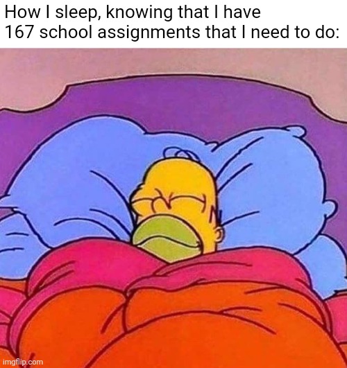 "I'll just do it tomorrow" | How I sleep, knowing that I have 167 school assignments that I need to do: | image tagged in homer simpson sleeping peacefully,memes,school meme | made w/ Imgflip meme maker