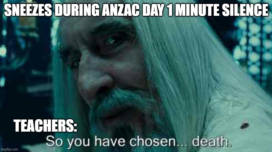 you will be among the fallen too | SNEEZES DURING ANZAC DAY 1 MINUTE SILENCE; TEACHERS: | image tagged in so you have chosen death,teachers,sneeze | made w/ Imgflip meme maker