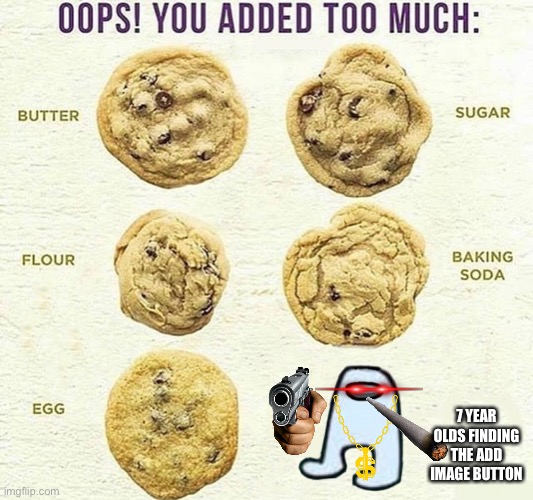 Oops, You Added Too Much | 7 YEAR OLDS FINDING THE ADD IMAGE BUTTON | image tagged in oops you added too much | made w/ Imgflip meme maker