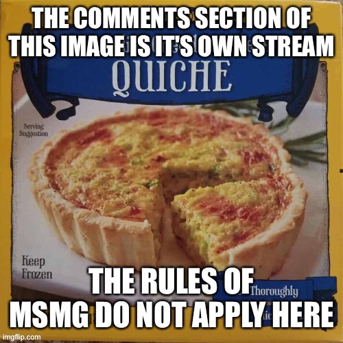 Trader Joe’s Broccoli & Cheddar Cheese Quiche | THE COMMENTS SECTION OF THIS IMAGE IS IT'S OWN STREAM; THE RULES OF MSMG DO NOT APPLY HERE | image tagged in trader joe s broccoli cheddar cheese quiche,mini stream | made w/ Imgflip meme maker