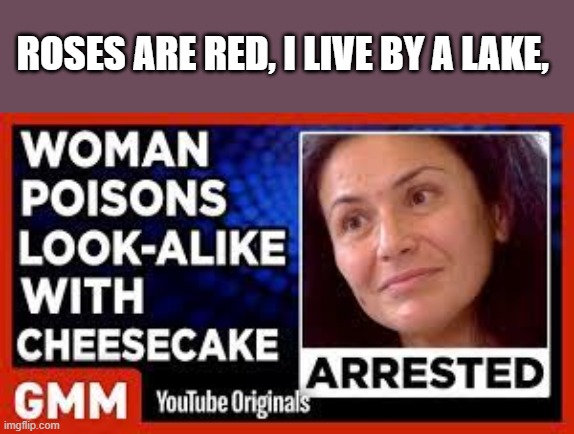 the cheesecake did it! | ROSES ARE RED, I LIVE BY A LAKE, | image tagged in memes,roses are red | made w/ Imgflip meme maker