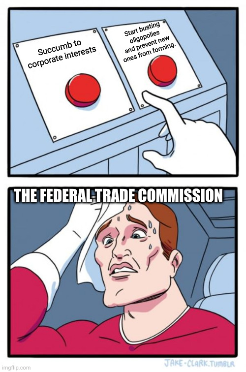 bust em up | Start busting oligopolies and prevent new ones from forming. Succumb to corporate interests; THE FEDERAL TRADE COMMISSION | image tagged in memes,two buttons | made w/ Imgflip meme maker