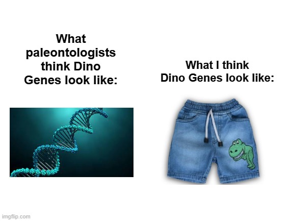 true | What paleontologists think Dino Genes look like:; What I think Dino Genes look like: | image tagged in dinosaur,meme | made w/ Imgflip meme maker