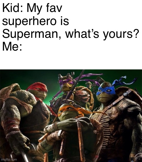 TMNT 2014 | Kid: My fav superhero is Superman, what’s yours?
Me: | image tagged in tmnt | made w/ Imgflip meme maker
