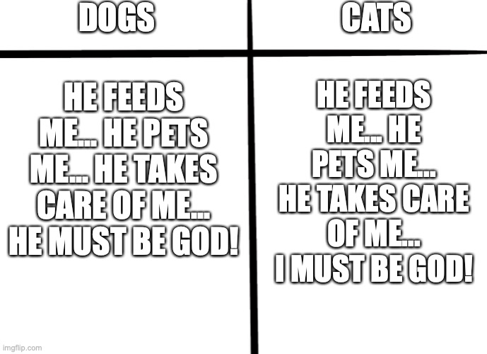 its true tho | DOGS; CATS; HE FEEDS ME... HE PETS ME... HE TAKES CARE OF ME... I MUST BE GOD! HE FEEDS ME... HE PETS ME... HE TAKES CARE OF ME... HE MUST BE GOD! | image tagged in x vs y | made w/ Imgflip meme maker