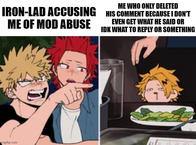 IRON-LAD ACCUSING ME OF MOD ABUSE; ME WHO ONLY DELETED HIS COMMENT BECAUSE I DON'T EVEN GET WHAT HE SAID OR IDK WHAT TO REPLY OR SOMETHING | image tagged in blank text bar,bakugo yelling at denki | made w/ Imgflip meme maker