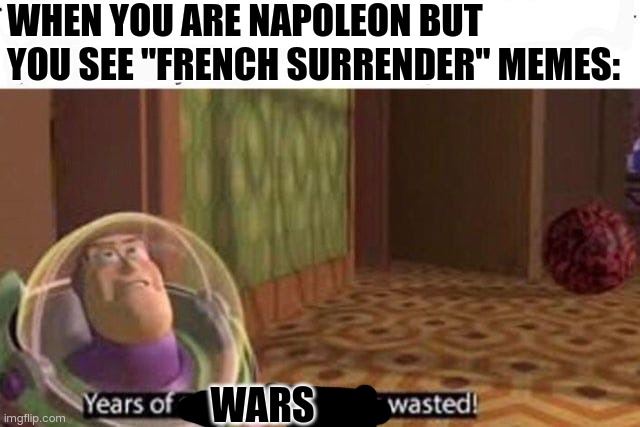 Buzz | WHEN YOU ARE NAPOLEON BUT YOU SEE "FRENCH SURRENDER" MEMES:; WARS | image tagged in years of academy training wasted | made w/ Imgflip meme maker