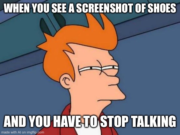 I- | WHEN YOU SEE A SCREENSHOT OF SHOES; AND YOU HAVE TO STOP TALKING | image tagged in memes,futurama fry | made w/ Imgflip meme maker