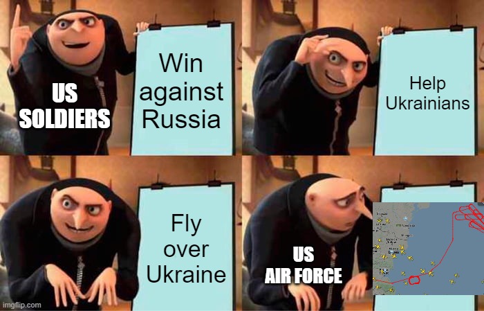 Round and round we go | Win against Russia; Help Ukrainians; US SOLDIERS; Fly over Ukraine; US AIR FORCE | image tagged in memes,gru's plan | made w/ Imgflip meme maker