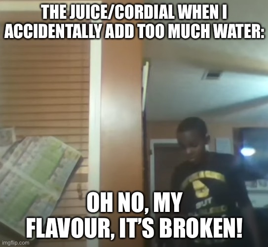 Oh No! Our Table! It's Broken! | THE JUICE/CORDIAL WHEN I ACCIDENTALLY ADD TOO MUCH WATER:; OH NO, MY FLAVOUR, IT’S BROKEN! | image tagged in oh no our table it's broken | made w/ Imgflip meme maker