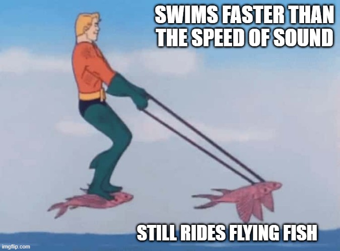 Oh, He Definitely Effs Them | SWIMS FASTER THAN THE SPEED OF SOUND; STILL RIDES FLYING FISH | image tagged in aquaman | made w/ Imgflip meme maker
