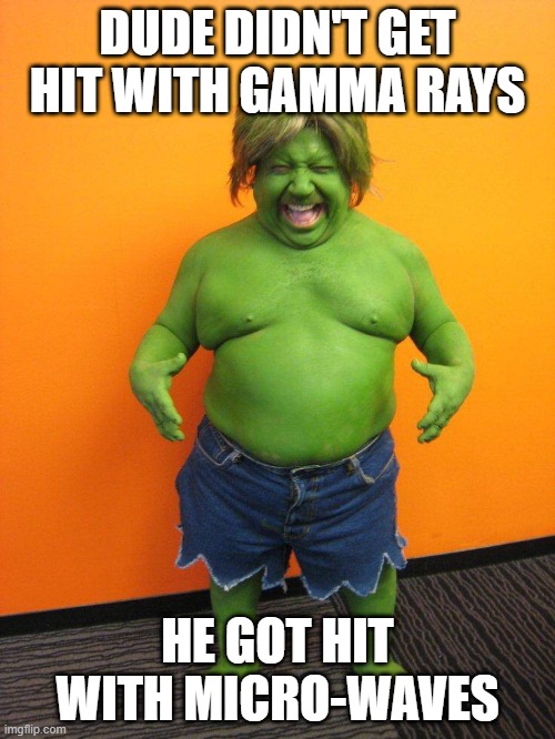 Hulk.....Pinch!!! | DUDE DIDN'T GET HIT WITH GAMMA RAYS; HE GOT HIT WITH MICRO-WAVES | image tagged in we have a hulk | made w/ Imgflip meme maker