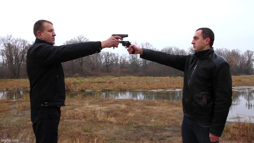 My template: Two men pointing guns at each other | image tagged in two men pointing guns at each other | made w/ Imgflip meme maker