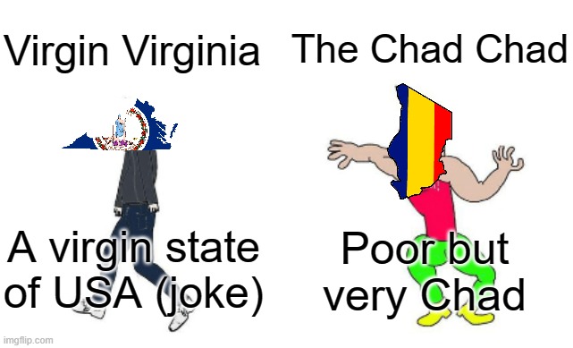 Virgin vs Chad | The Chad Chad; Virgin Virginia; Poor but very Chad; A virgin state of USA (joke) | image tagged in virgin vs chad | made w/ Imgflip meme maker