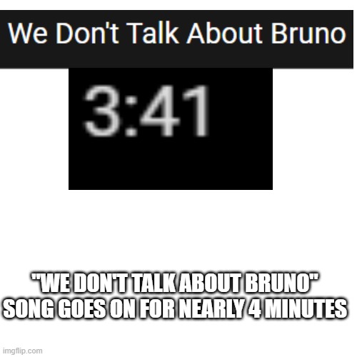 Blank Transparent Square | "WE DON'T TALK ABOUT BRUNO"
SONG GOES ON FOR NEARLY 4 MINUTES | image tagged in memes,blank transparent square | made w/ Imgflip meme maker