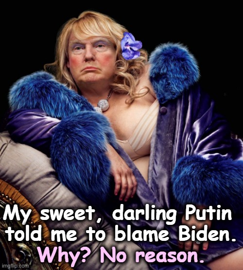 Trump as Putin's Hooker Girlfriend | My sweet, darling Putin 
told me to blame Biden. Why? No reason. | image tagged in trump as putin's hooker girlfriend,trump,putin,girlfriend,blame,biden | made w/ Imgflip meme maker