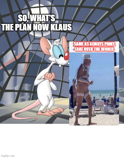 KLAUS is your pal. | SO, WHAT'S THE PLAN NOW KLAUS; SAME AS ALWAYS PINKY, TAKE OVER THE WORLD. | image tagged in pinky and the brain | made w/ Imgflip meme maker