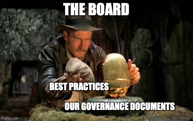 Indiana jones idol |  THE BOARD; BEST PRACTICES                                                                                               OUR GOVERNANCE DOCUMENTS | image tagged in indiana jones idol | made w/ Imgflip meme maker