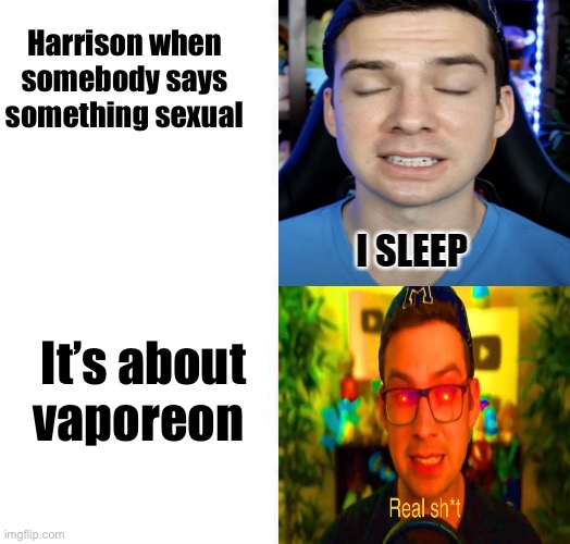 mandjtv version of i sleep and real shi* meme | Harrison when somebody says something sexual; It’s about vaporeon | image tagged in mandjtv version of i sleep and real shi meme | made w/ Imgflip meme maker