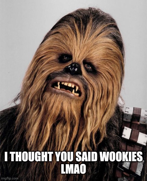 Chewbacca | I THOUGHT YOU SAID WOOKIES
LMAO | image tagged in chewbacca | made w/ Imgflip meme maker