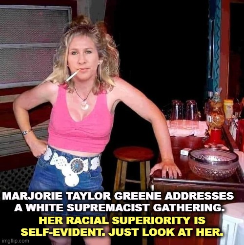 MARJORIE TAYLOR GREENE ADDRESSES 
A WHITE SUPREMACIST GATHERING. HER RACIAL SUPERIORITY IS SELF-EVIDENT. JUST LOOK AT HER. | image tagged in mtg,white supremacists,fail | made w/ Imgflip meme maker