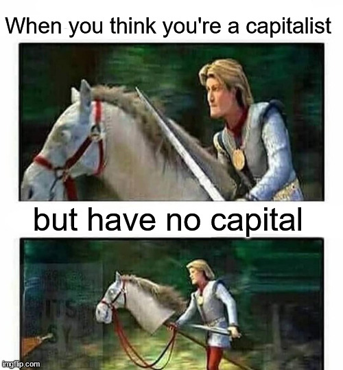 Prince Charming’s horse | When you think you're a capitalist; but have no capital | image tagged in prince charming s horse,capitalism,false consciousness | made w/ Imgflip meme maker