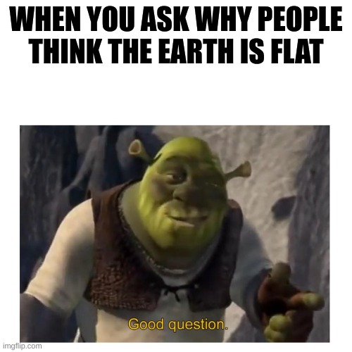 Shrek | WHEN YOU ASK WHY PEOPLE THINK THE EARTH IS FLAT | image tagged in the earth is round,shrek,good question,meme | made w/ Imgflip meme maker