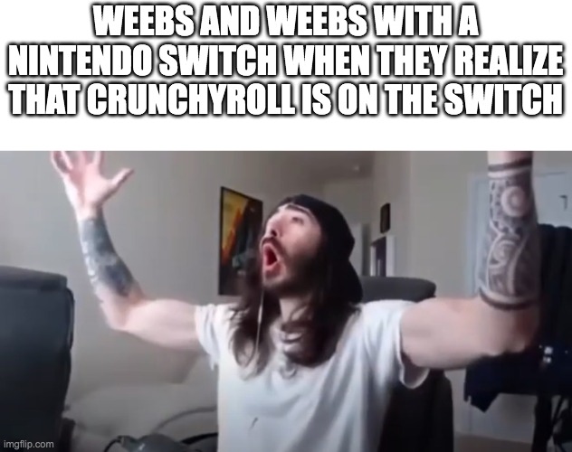 WOO, yeah baby thats what we've been waiting for | WEEBS AND WEEBS WITH A NINTENDO SWITCH WHEN THEY REALIZE THAT CRUNCHYROLL IS ON THE SWITCH | image tagged in woo yeah baby thats what we've been waiting for | made w/ Imgflip meme maker