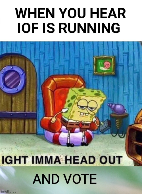 Vote playboi | WHEN YOU HEAR IOF IS RUNNING; AND VOTE | image tagged in memes,spongebob ight imma head out,green blank background,vote | made w/ Imgflip meme maker